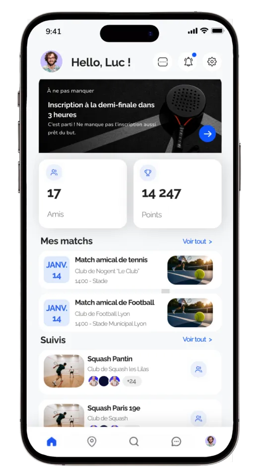 Écran d'accueil de l'app MatchPoint